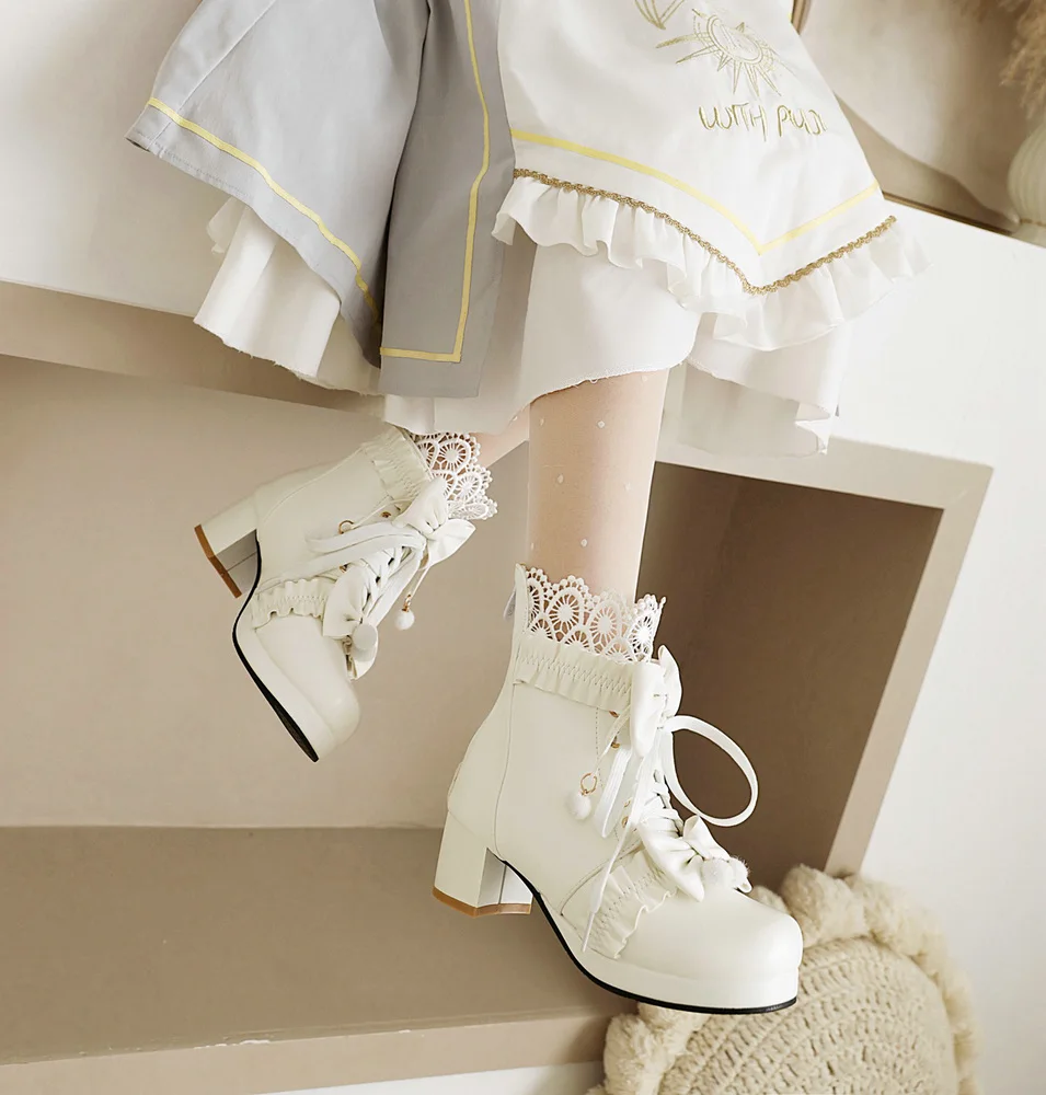 Pink White Black Chunky Heel Lolita Shoes Butterfly-knot Hollow Lace Womens Cosplay Princess Court Vintage Winter Ankle Boots