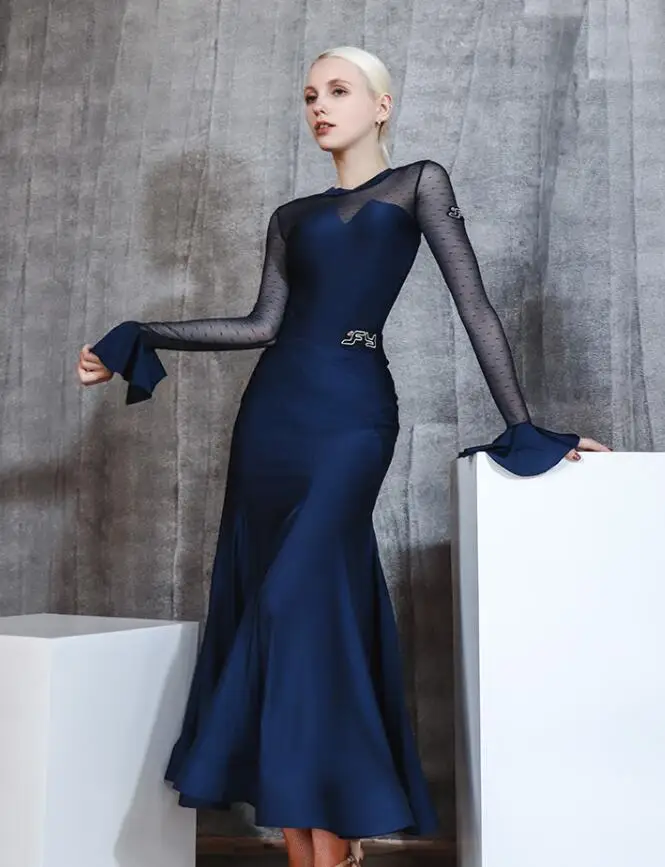 Ballroom skirt Tango body leotarad waltz Fox trot Quick step Dance Dress Practice long sleeve navy blue 623