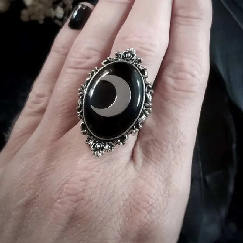 Black Gothic Crescent Moon Crystal Ring Witch Vampire Crescent Moon Statement Halloween Punk Goth Women Gift Handmade Jewelry