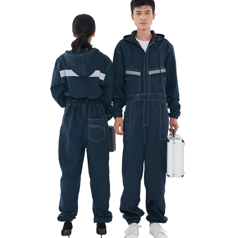 Hi Vis One-piece Work Clothes Welder Spray-painted Denim Suit Work Clothes Reflective Strip Long-sleeve Safe Protection Clothing