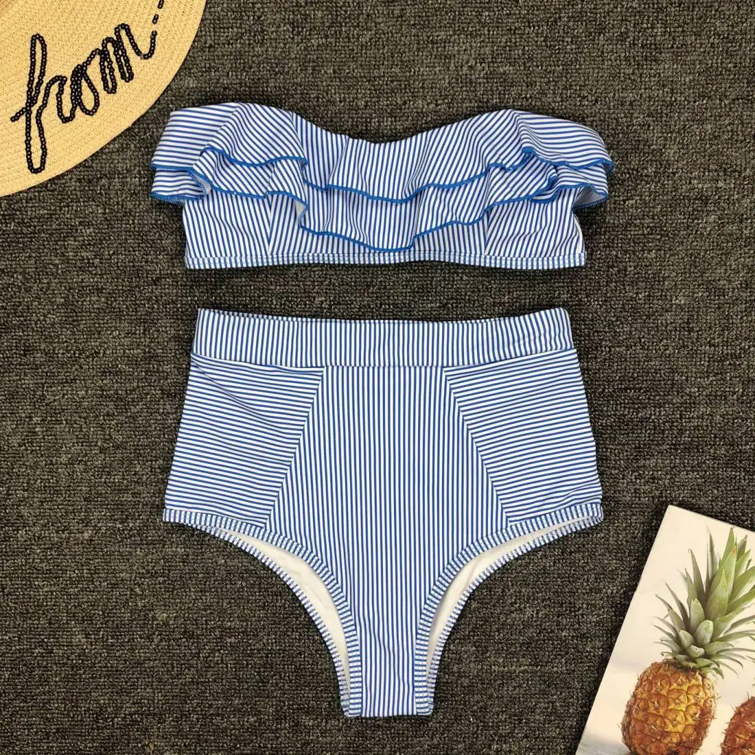 Bikini Bandeau con rayas blancas y azules para mujer, traje de baño de cintura alta con volantes, fruncido, 2023