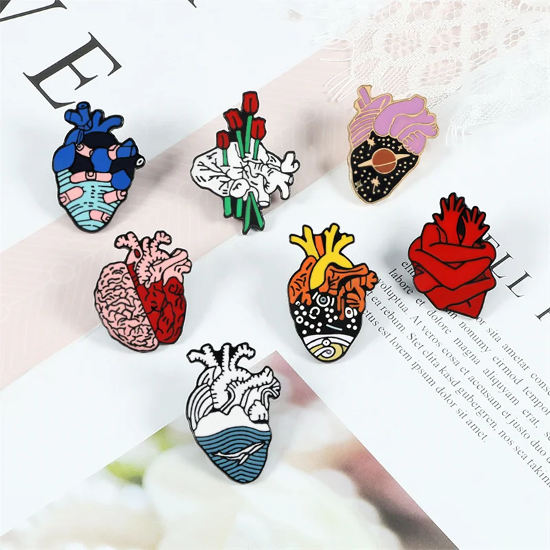 Anatomical Heart Enamel Pins Medical Universe Hug Rose Brave Heart Brooches Bag Clothes Lapel Pin Badge for Doctor Nurse Jewelry