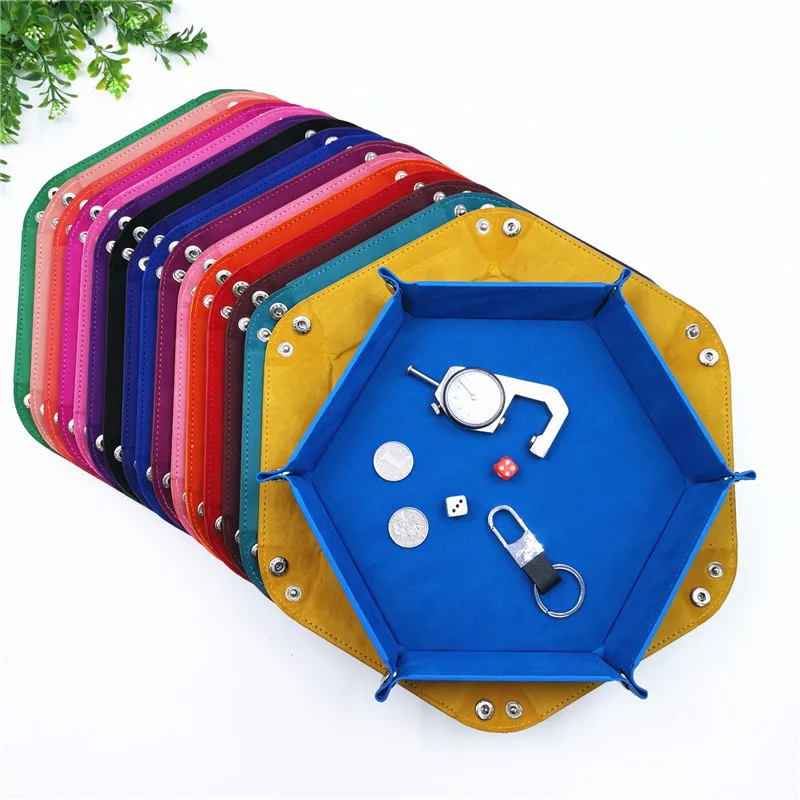 Multi Color Dice Set PU Leather Dice Box Foldable Hexagon Dice Tray Storage Box for RPG DND Table Board Games Entertainment