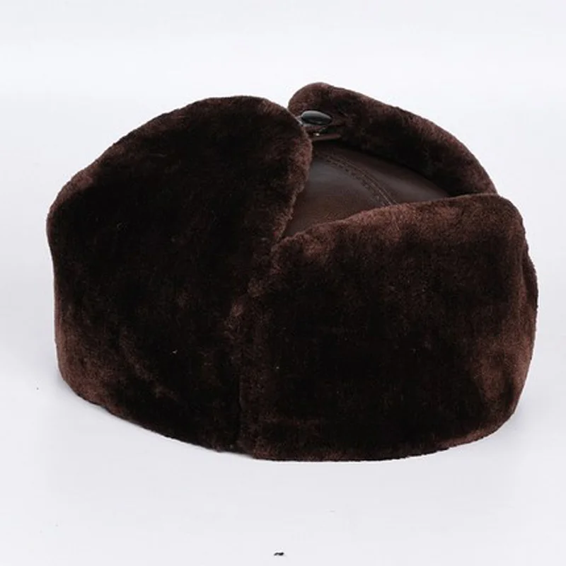 Big Tab Hat For Men Winter Male Genuine Leather Faux Fur Warm Bomber Caps Elderly Outdoor Cycling Windproof Snow Casquette