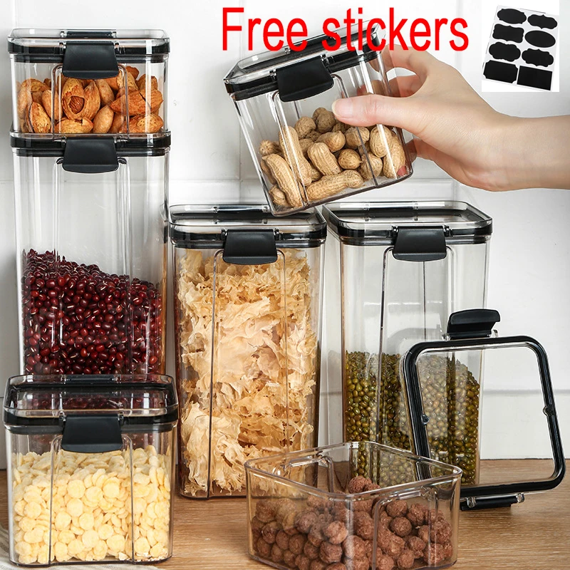 

4pcs Stackable Acryl Food Storage Container Plastic Kitchen Noodle Box Multigrain Storage Tank Transparent Sealed Cans quality