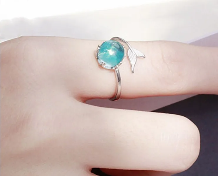 Fishtail Crystal Silver Color Adjustable Open Ring Girl Fashion Beach Party Birthday Gift Jewelry