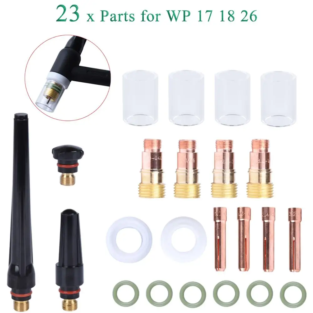 23Pcs TIG Welding Torch Stubby Gas Lens For WP17 WP18 WP26 TIG Back Cap Collet Bodies Kit High Temperature Glass Cup Accessories