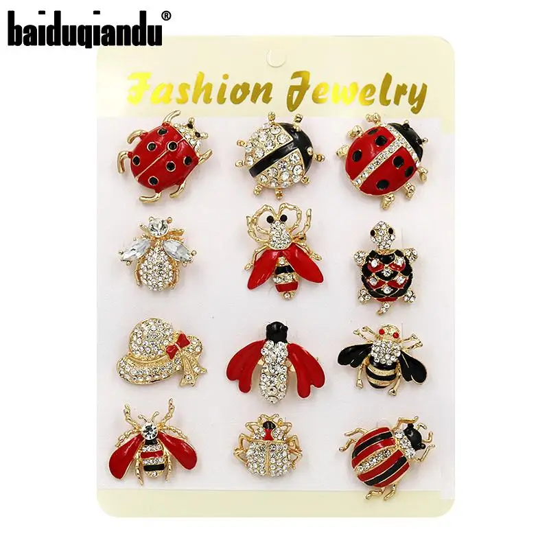 Baiduqiandu Brand 12 Mixed in a Card Crystal and Enamel Ladybird Insects Brooch Pins Sets