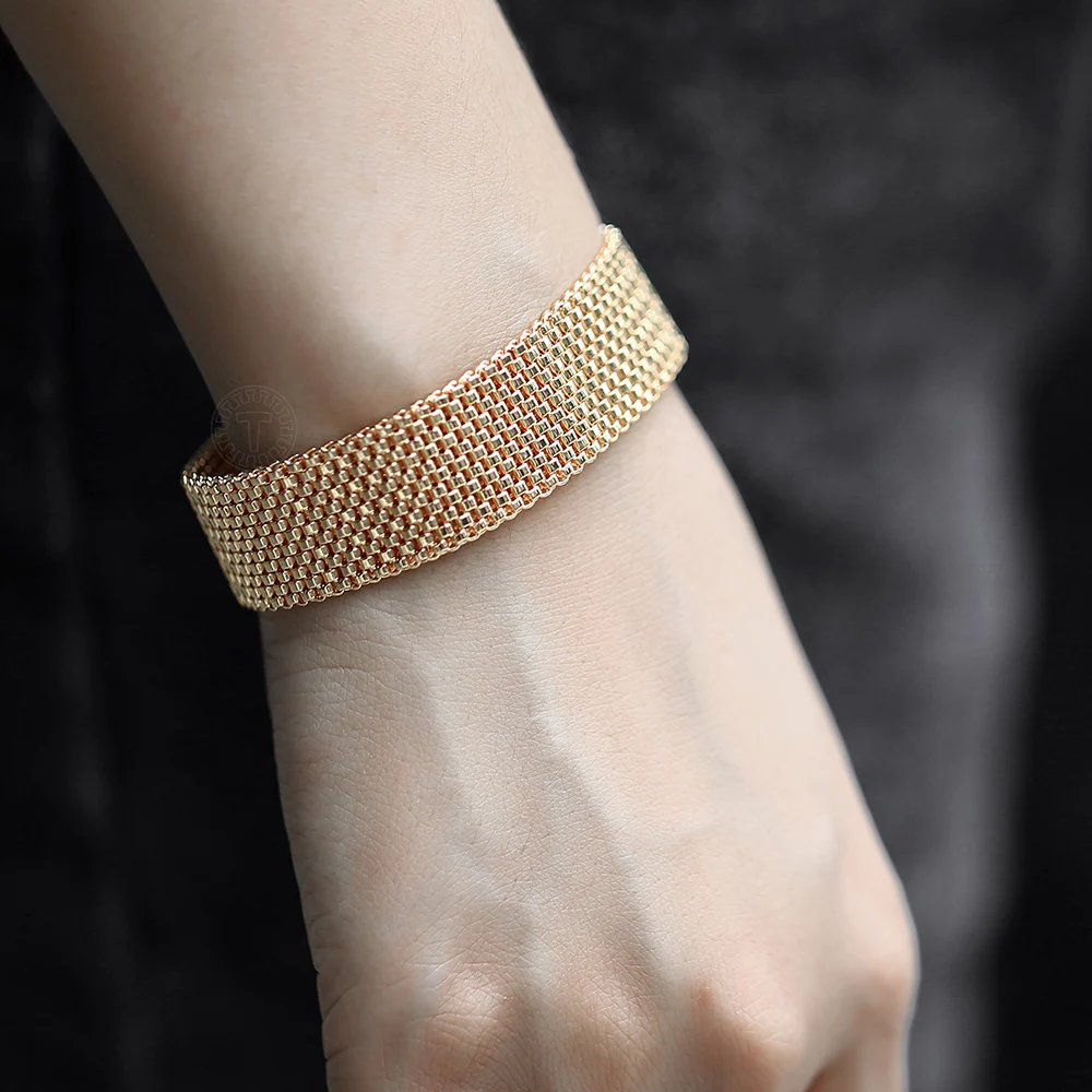 16mm Big Women Men Vintage Bangle Bracelet 585 Rose Gold Color Watch Band Chain Fashion Party Wedding Jewelry CB44