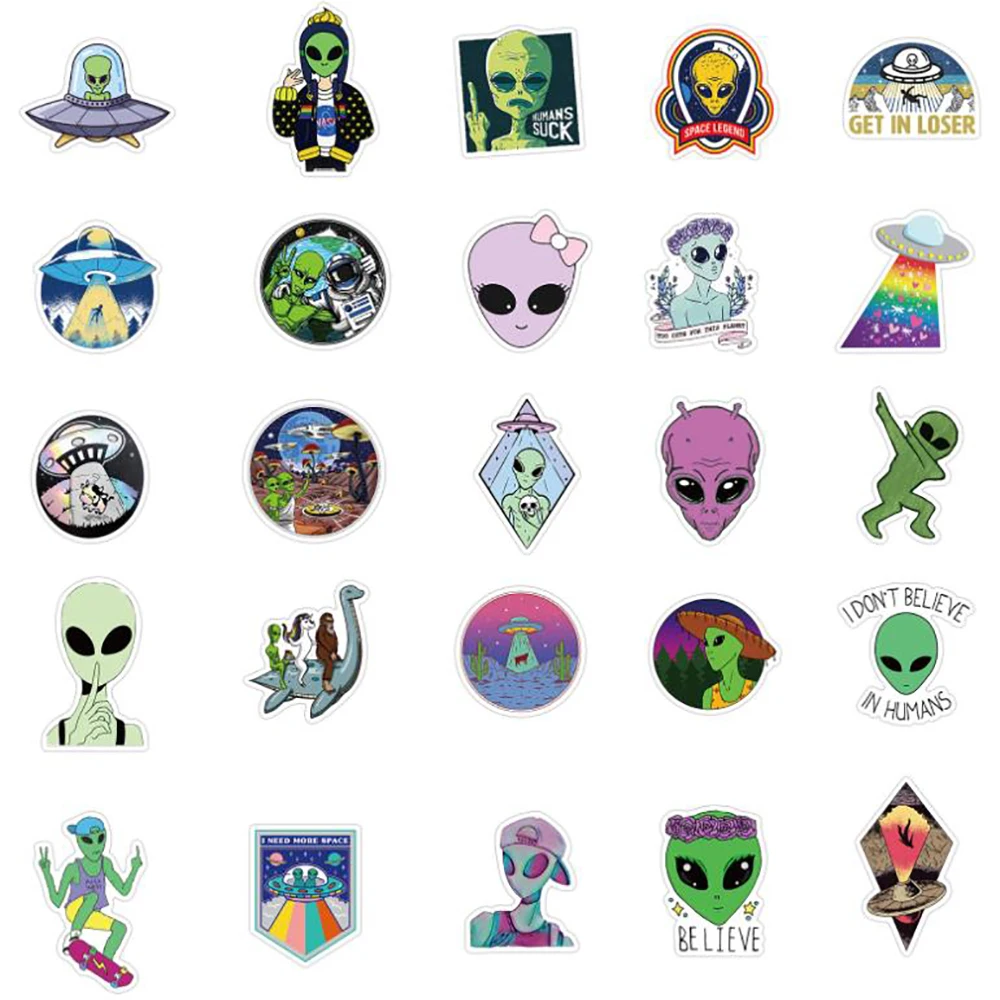 10/30/50PCS Aliens UFO Outer Space Stickers Travel Luggage Car Guitar Laptop Waterproof Graffiti Cool Sticker Decals Kids Toys