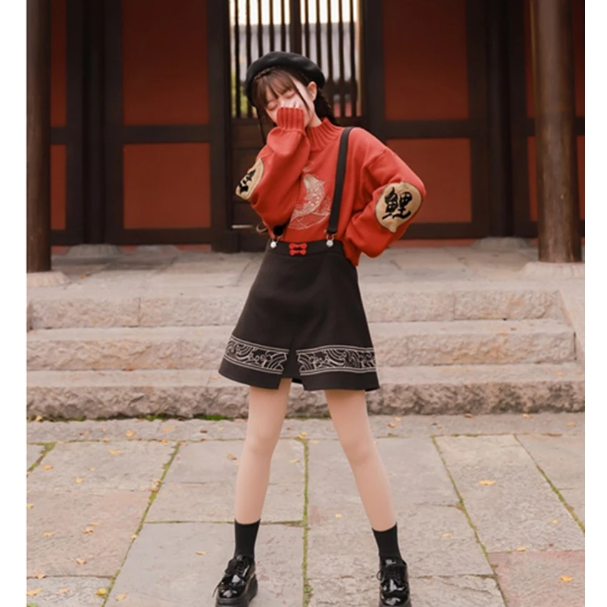 

Japanese Retro Red Lovely Sweater Fashion Casual Loose Knit Bottoming Mini Skirt Suspender Bottoms Kimono Dress Samurai Haori