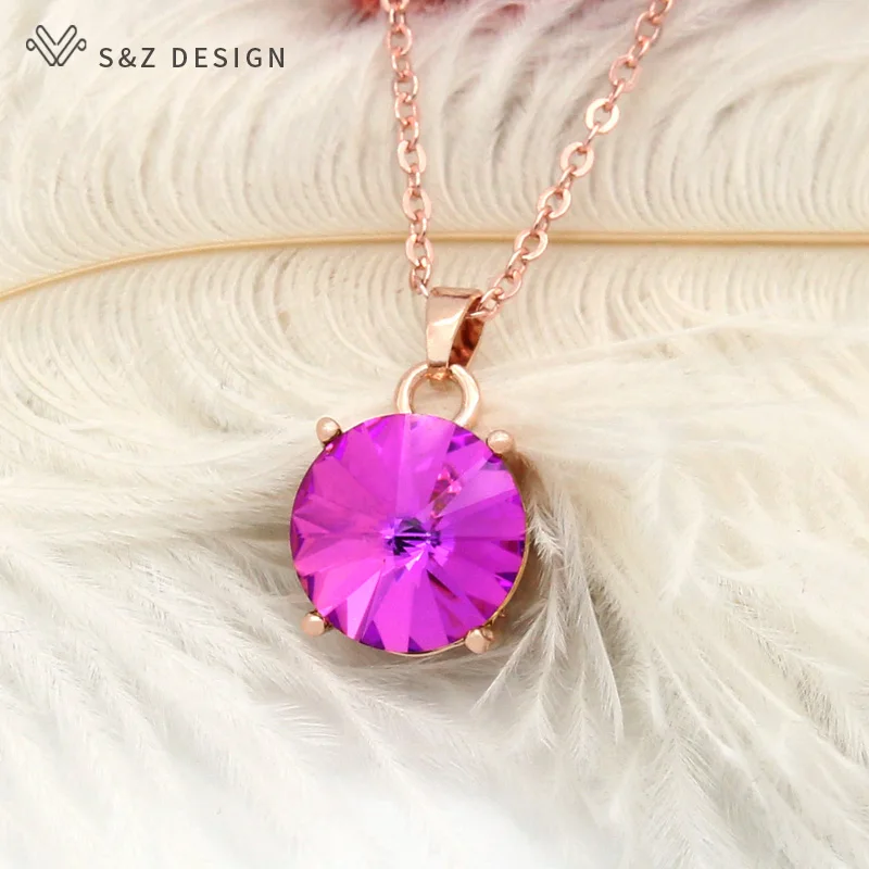 S&Z DESIGN New Fashion Simple Large Round Crystal Pendant Necklace 585 Rose Gold Color Chain For Women Wedding Jewelry