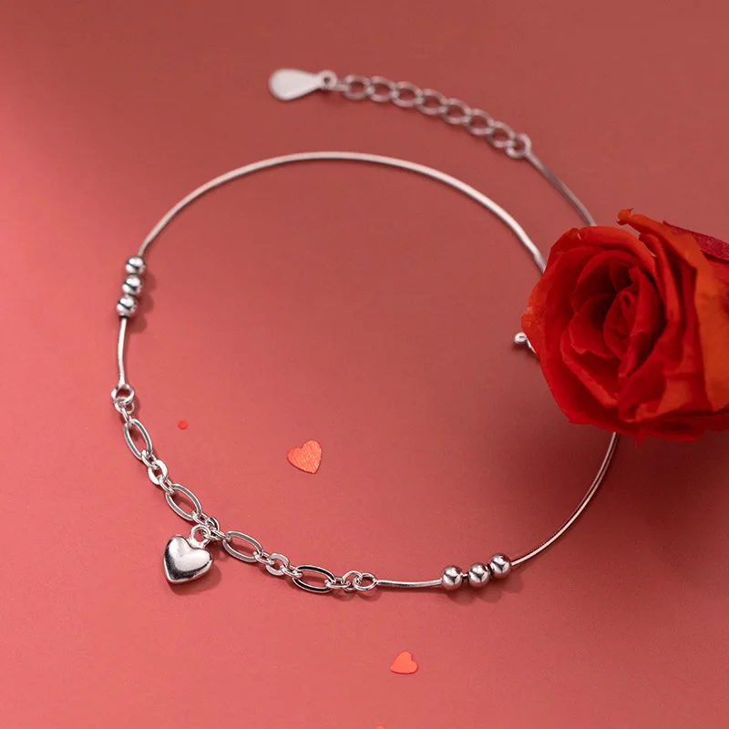 

925 Sterling Silver Heart-Shaped Women's Anklet Jewelry Fashion Love Foot Bracelets On Leg Round Beads Snake Chain 21.5 CM