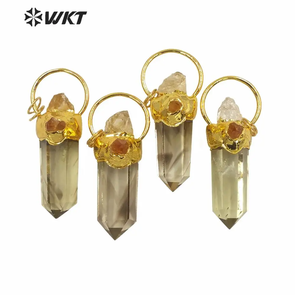 

WT-P1581 New Arrival Pendant Natural Quartz Stone with Gold Electroplated Yellow Clear Spirit Point Jewelry Pendant