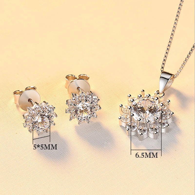 Luomansi 1CT 6.5MM Moissanite Sunflower Necklace/Earring Jewelry Set (Passed Diamond Test) 100%-S925 Sterling Silver Wedding Par