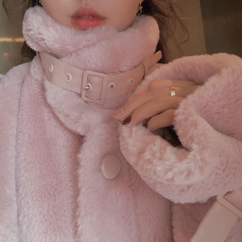 Pink Faux Fur Coat Women Elegant Winter Warm Sweet Warm Trend Coats Female Japanese Style Kawaii Korean Overcoat Women 2021 New