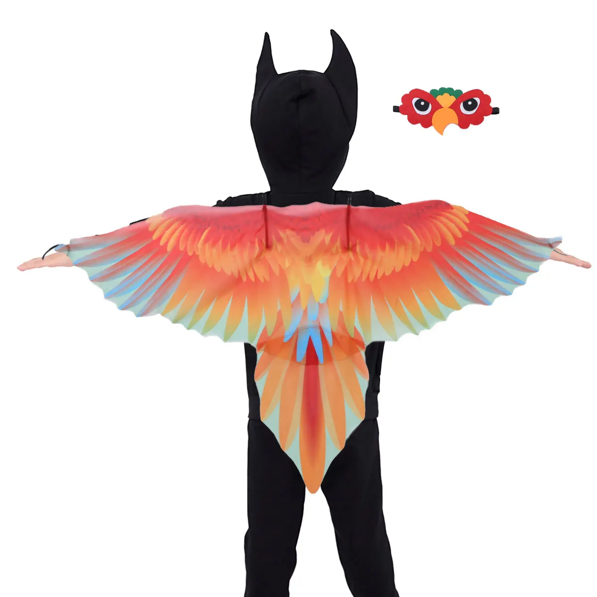 Kids Parrot Bird Dress Up Costume Wings Cape with Felt Eye Mask Set Masquerade Halloween Theme Party Christmas Cosplay Props