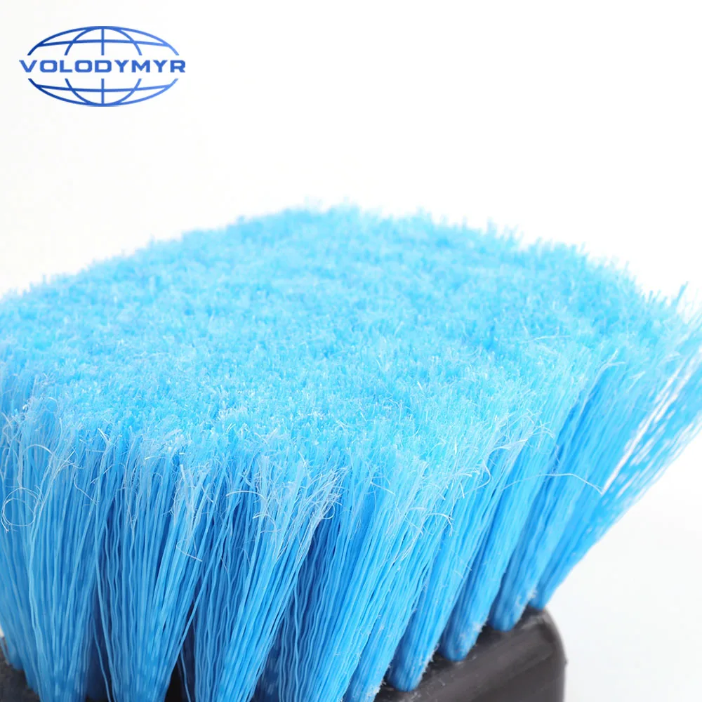 Limpiador de cepillo de rueda de llanta de coche con mango largo y cerdas suaves azules, separador para detalles de limpieza automática, detalle