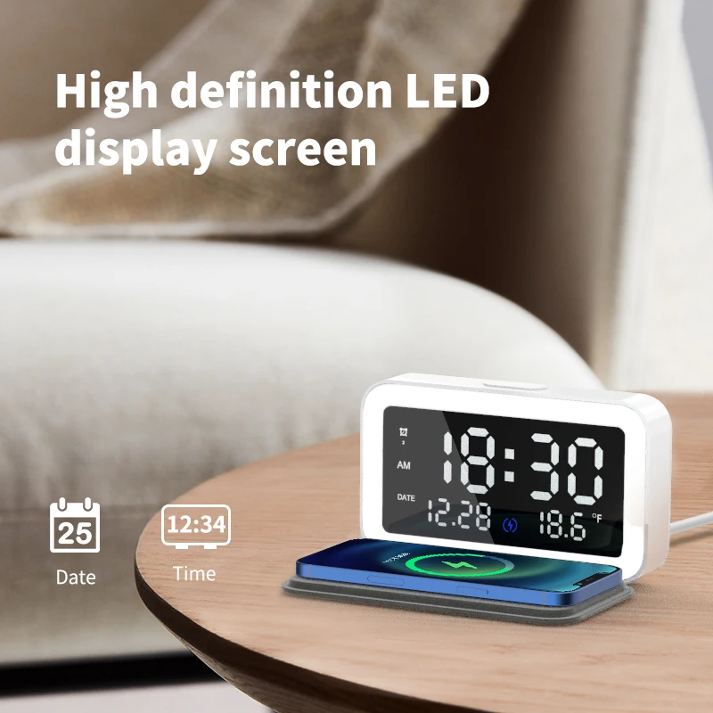 6 In 1 Digital LED Electric Alarm Clock Wireless Charger Telphone Wireless Charger For Mobile Phone Smart Products Dropship