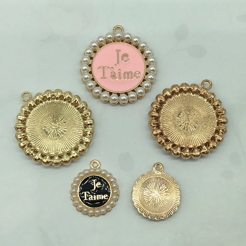 10pcs/pack 20mm 34mm Je T'aime Pearl Round Crown Enamel Charms Bracelet Pendant For DIY Handmade Earring Jewelry Finding XL564