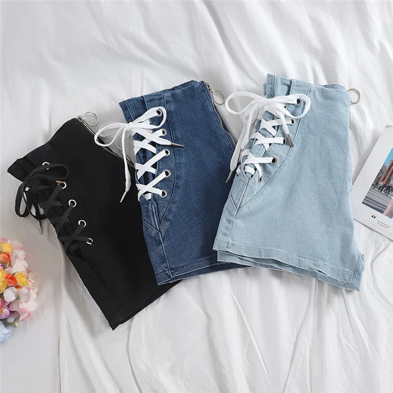 Spring Autumn Women Jeans Shorts Tie High Waist Denim Shorts Female Casual Black Shorts Student All Match Skinny Hot Shorts 1782