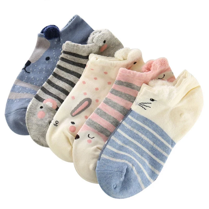 5 Pairs kobiety skarpetki piękne śmieszne kreskówki stereoskopowe zwierzęta ucho pluszowe skarpety łodzi komfort kobiety śliczne dziewczyny skarpety artystyczne Meias
