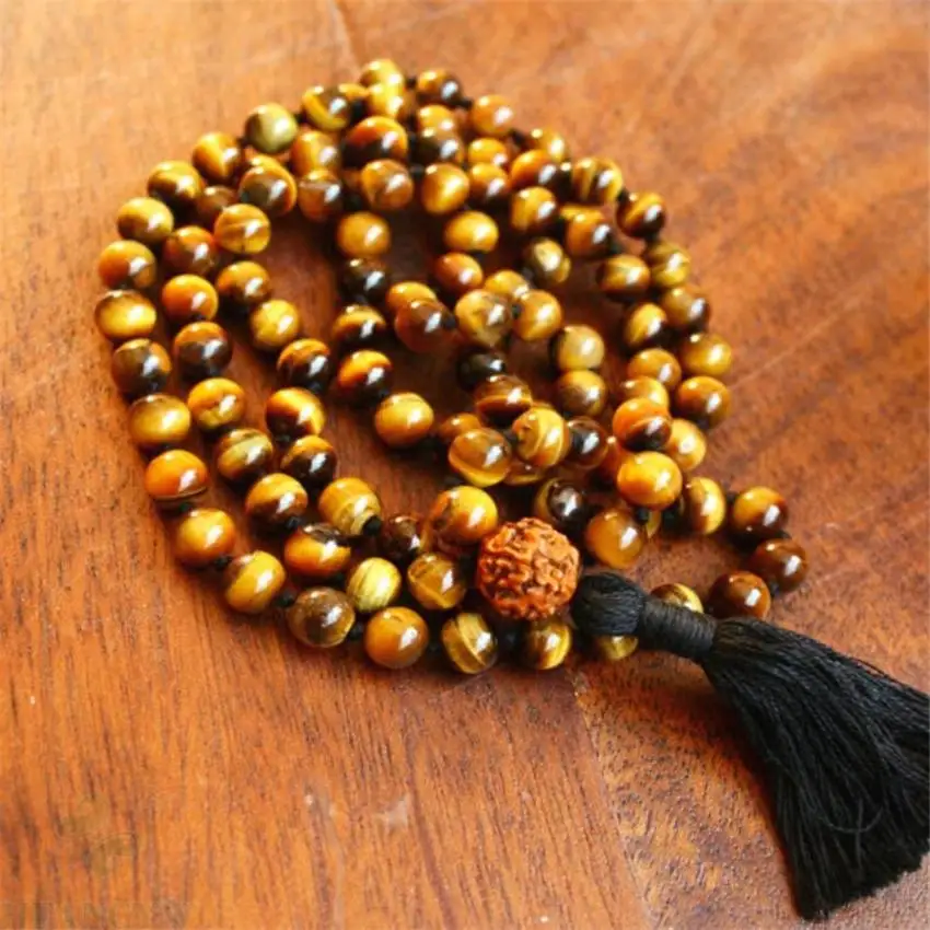 

8MM Tiger Eye Gemstone Tassel Mala necklace 108 Beads Healing Stress natural spirituality yoga Meditation Lucky Unisex chain Men