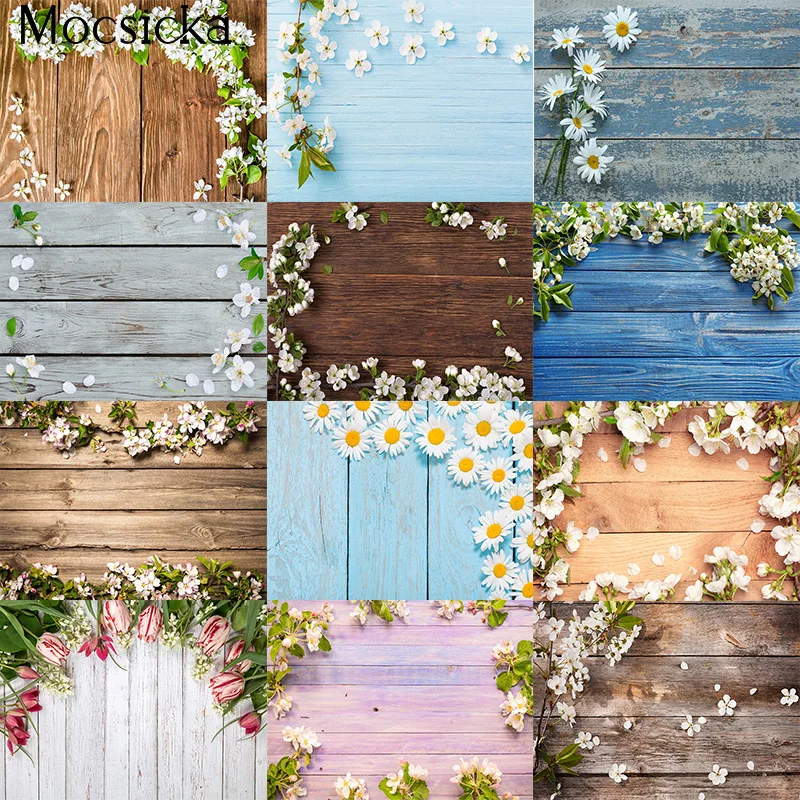 Mocsicka Wood Backdrop for Photography Spring Floral Rustic Board Petal Baby Food Portrait Photoshoot Photographic Background