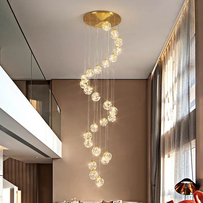 Glass ball stair chandelier copper living room lamp dining room ceiling chandelier compound long line lamp chandelier