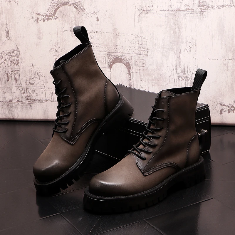 men fashion stage nightclub high motorcycle boots lace-up genuine leather shoes cowboy platform boot handsome long knight botas