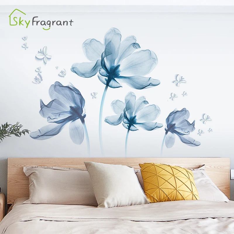 Romantico adesivo murale fiori blu soggiorno arredamento camera da letto sfondo casa decorazioni murali adesivi autoadesivi decorazione della stanza