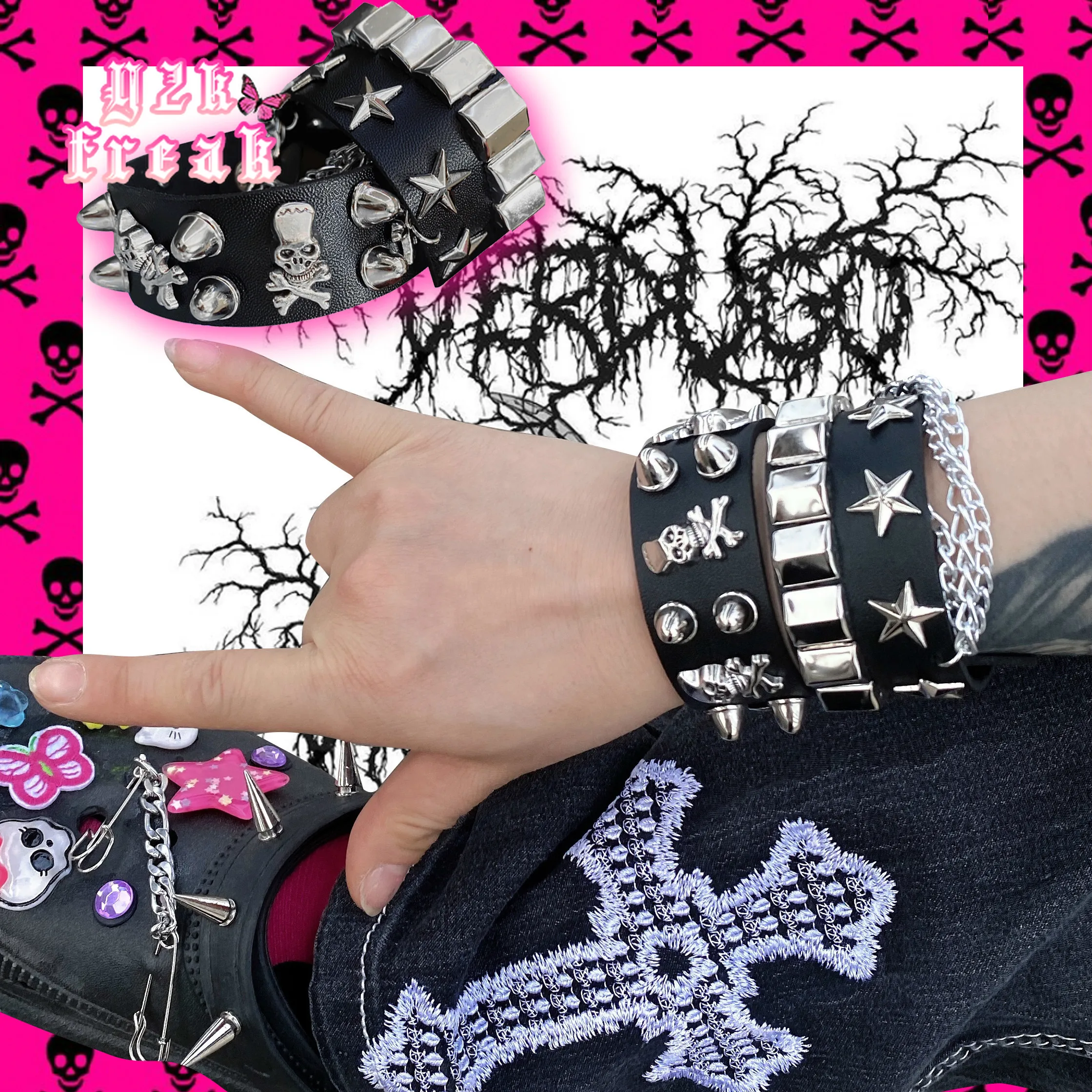 Y2K Gothic Bracelet Skeleton Dark Punk Hot Girl Double Rivet Chain Metal Rock Grunge Egirl Bracelets