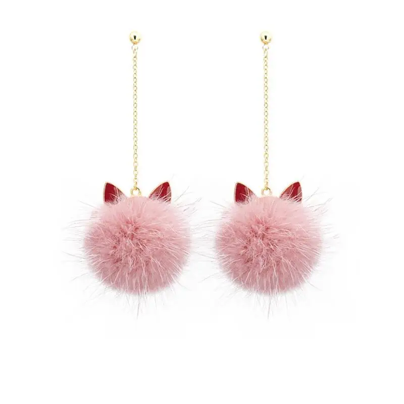 1 Pair Faux Fur Ball Earrings Cat Ear Design Plush Earrings Fluffy Pom Pom Earrings Pendant Earrings Jewelry Accessories