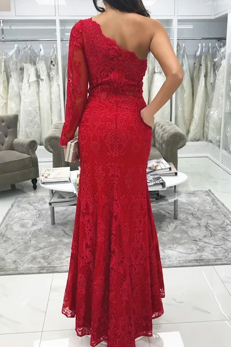 Anggur Yang Elegan Merah Renda Mermaid Prom Gaun Formal Pesta Satu Bahu Panjang Lantai 2021 Split Gaun Malam Вечерние Платья