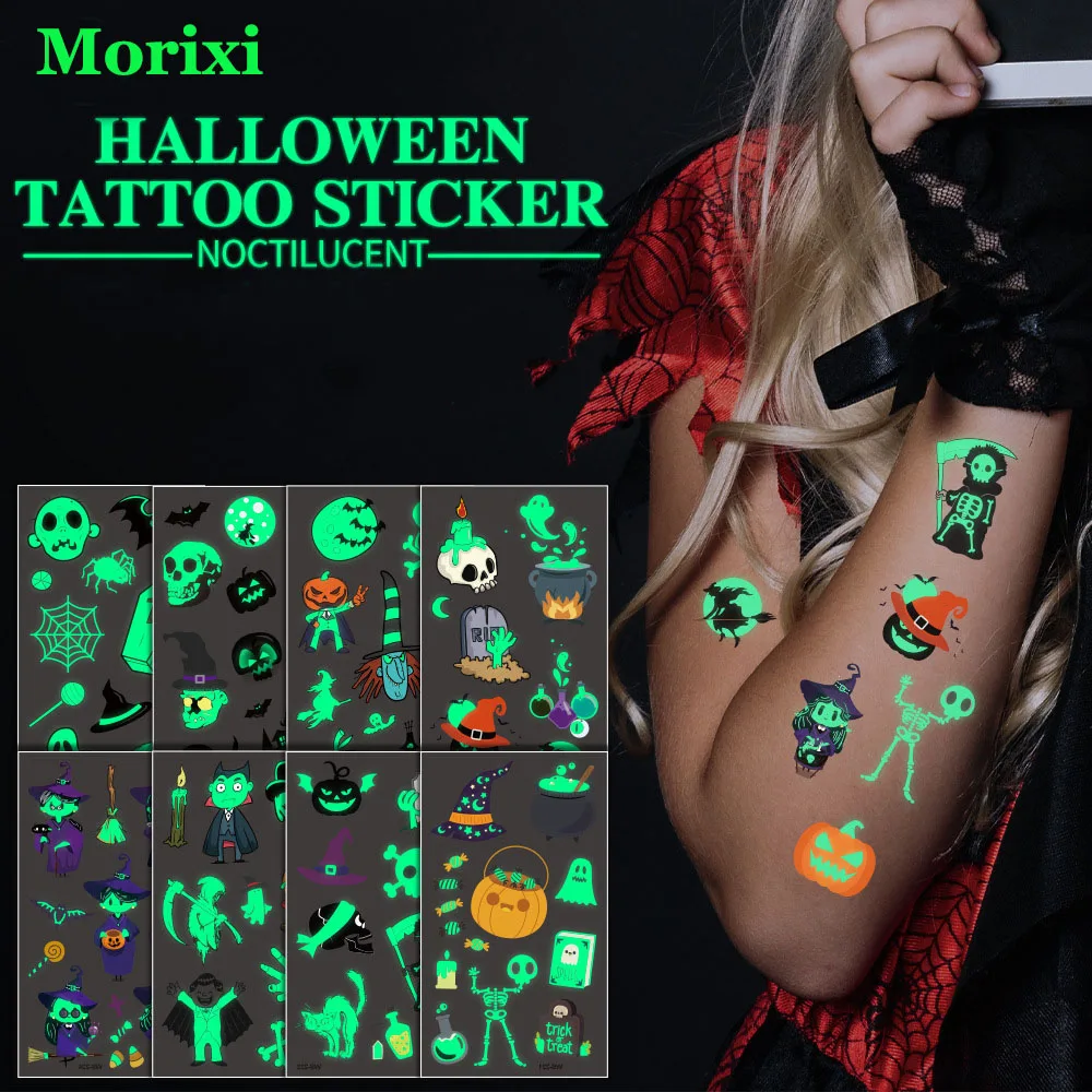 

Morixi Luminous tattoo sticker for kids body decoration Halloween party terror pumpkin spiders water transfer tattoo WM004