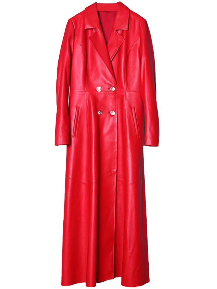 Lautaro Autumn Long Skirted Red Black Faux Leather Trench Coat for Women Double Breasted Elegant Luxury Fashion 4xl 5xl 6xl 7xl