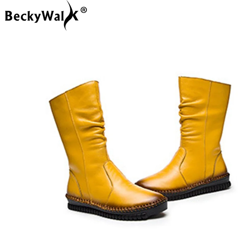 

Fashion Cow Leather Boots For Women High Quality Mid-Calf Boots Autumn Winter Women Boots Plus Size 43 Flat Shoes Woman WSH3437