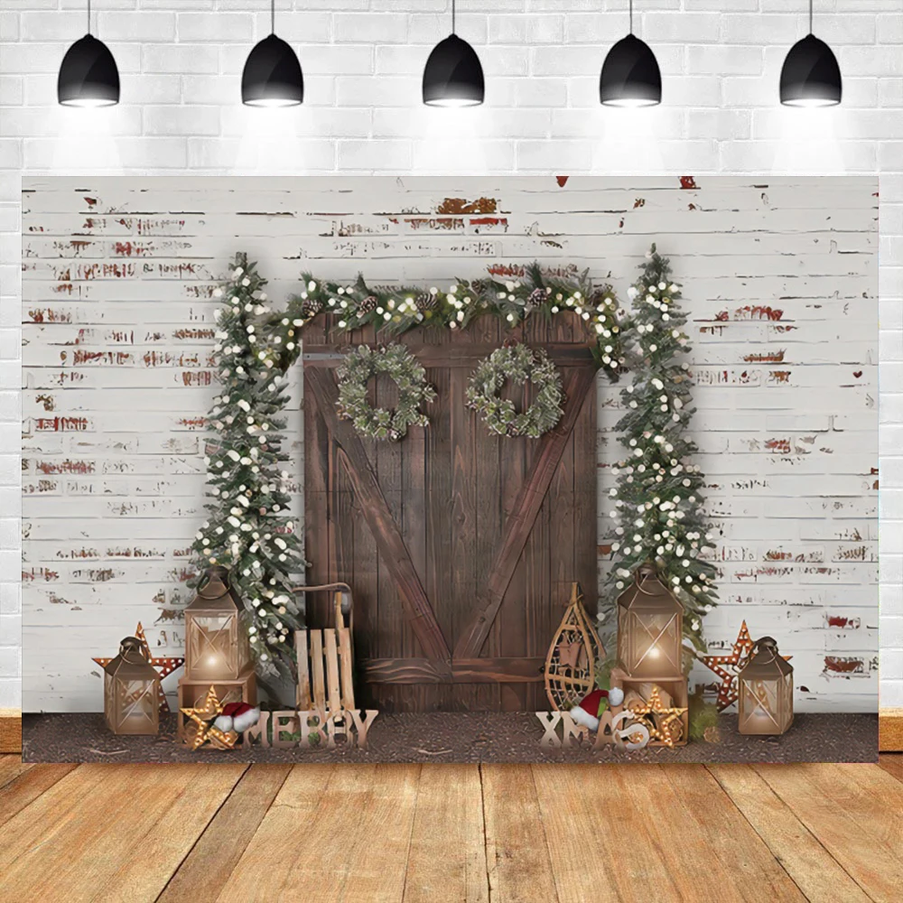 Laeacco Merry XMAS Old Vintage Wooden Door Brick Wall Child Baby Photozone Photography Backdrop Photo Background Photo Studio