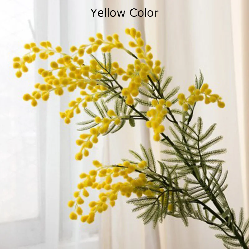 86cm Artificial Mimosa Flower Branch Tropical Palm Leaves False Yellow Stamen Silk Acacia Flower Fake Plant Autumn Decor