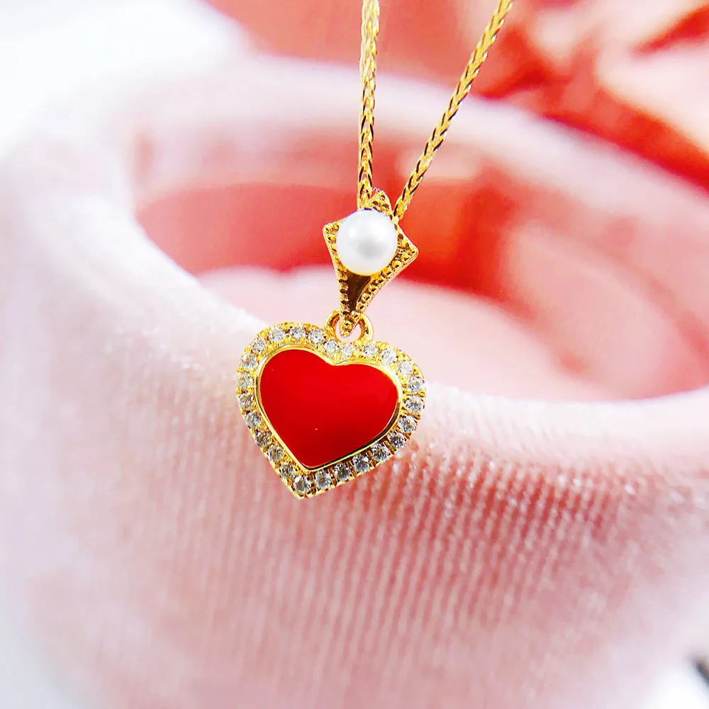 MADALENA SARARA 18K Gold Red Heart Slide Pendant Women Necklace Diamond Lady Chain Necklace Au 750 Freshwater Pearl