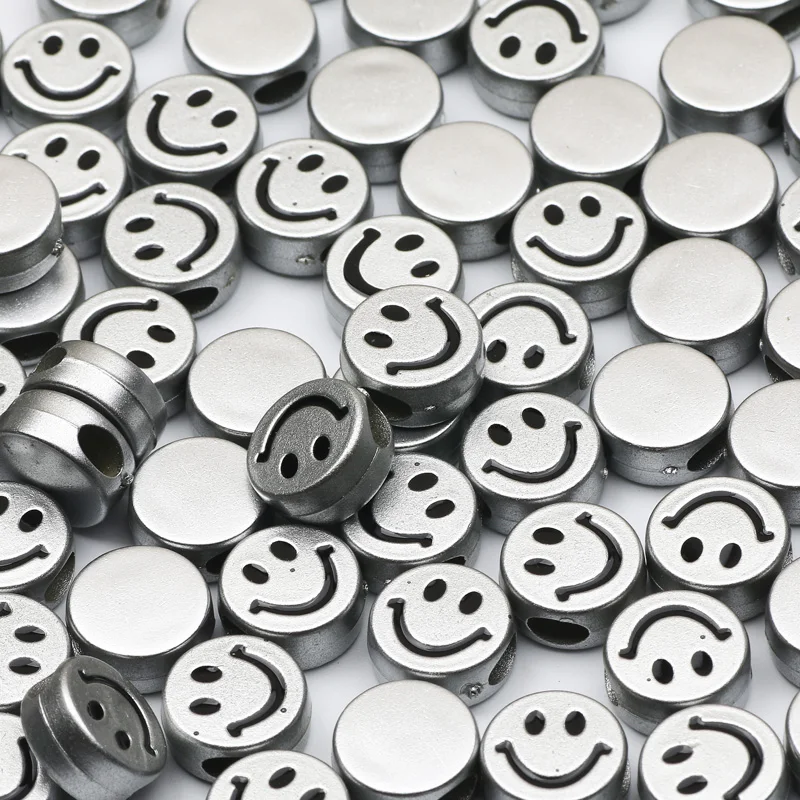 Acrylic Beads Fashion 12x6mm Silver Color Flat Round Smile Loose Spacer Beads For Jewelry Making DIY Handmade Necklaces Supplies