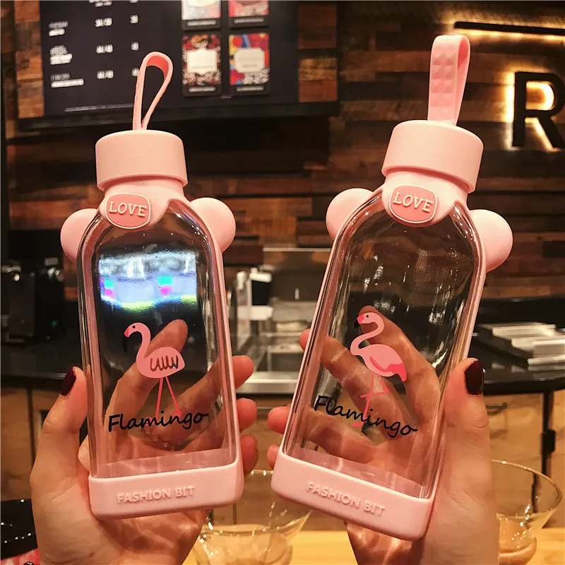 

Transparent glass water bottle, cartoon pattern, Flamingo cactus, personality ins photo, portable sports outdoor water Cup