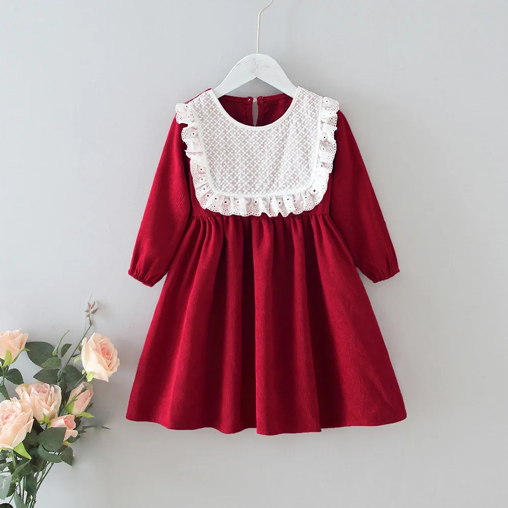 Girls\' Dresses 2021 Autumn New Style Children Baby Kids Clothing Korean Japanese Style Loose Lace Lapel Girl Fashionable Dress