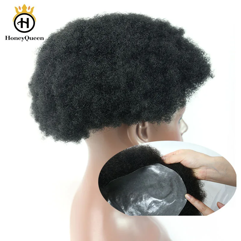 PU Afro Kinky Curly Hair Toupee Men Natural Looking Thin Skin Mongolian Human Hair Toupee Poly Mens Replacement System 1B# Remy