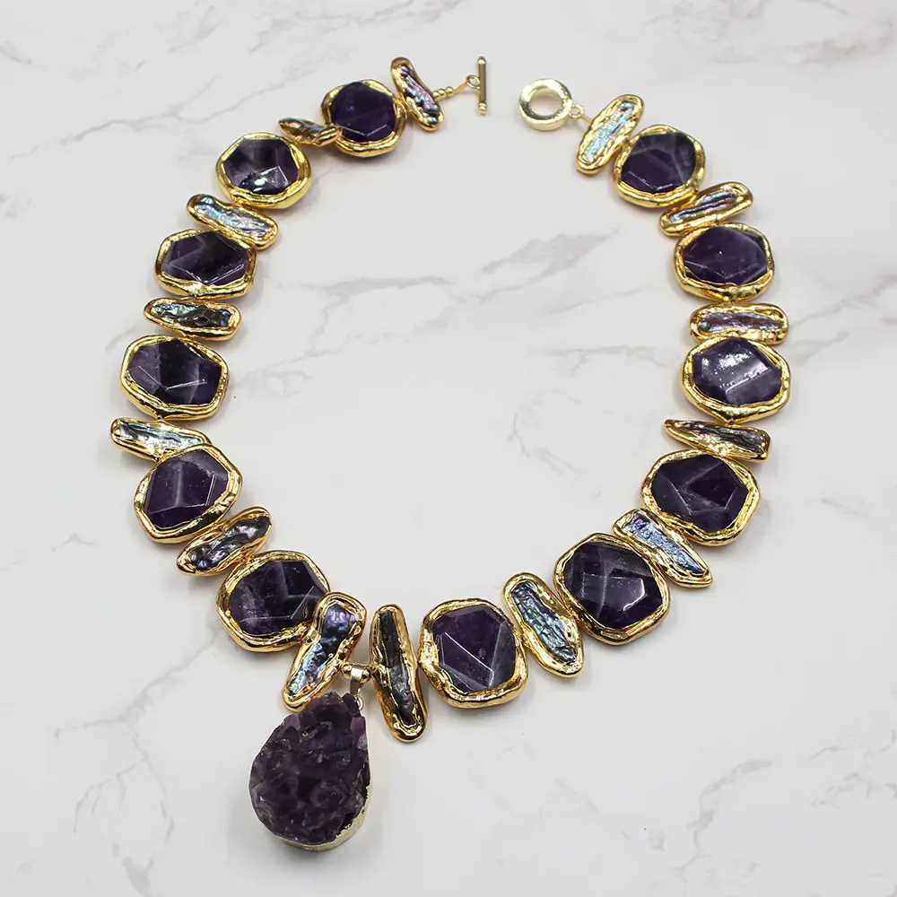 GG Natural Freshwater Black Biwa Pearl Purple Nugget Amethyst Edge Necklace Gold Color Plated Amethysts Pendant