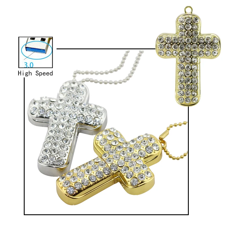 Mini Metal Crystal Christian Cross USB 3.0 Flash Drive Jewelry Pendrive 4GB 8GB 16GB 32GB Pen Drive Diamond Necklace U Disk