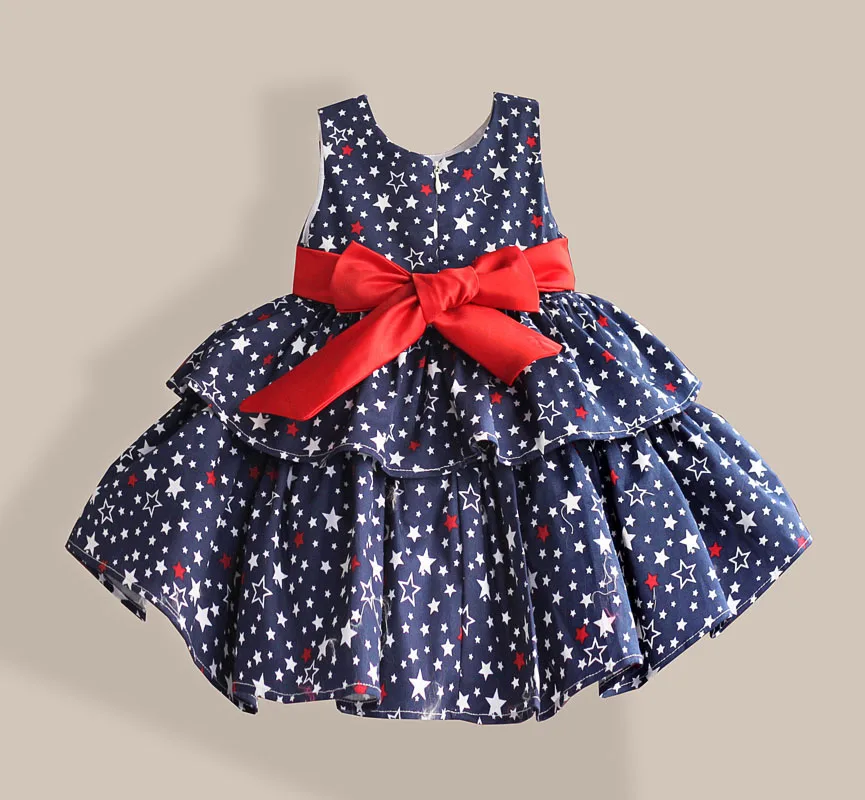 Star Print Red Bow 100% Cotton Layers Baby Girls Dress 1 year birthday party wedding kids clothes infant toddler wear 3M 6M 12 4