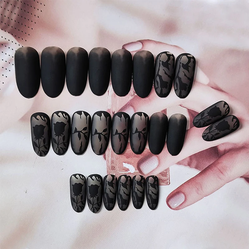 24pcs Black Color Sweet Cool Press on Nails Elegant Glitter Fake Gemstone False Nails Short Round Head Detachable False Nail