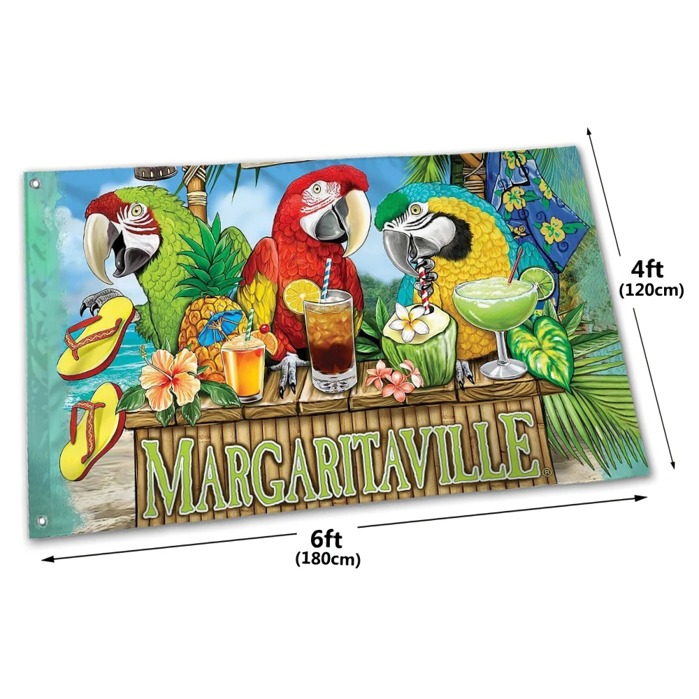 Margaritavil Banner 3FTx5FT Jimmy Buffett Parrot Flag Orlando Fairy Tale Town Happy Hour  Banner Pattern Size Custom Streamer