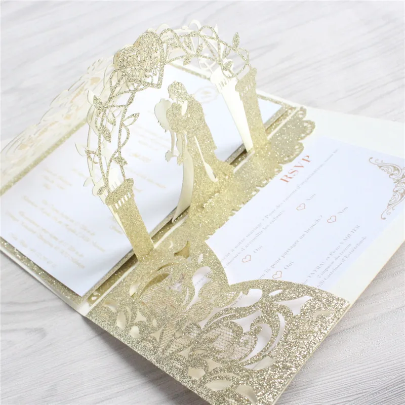 Glittery Gold Wedding Invitations Cards Elegant Weeding Bridal Shower Gift Greeting Card Kits Event Party Supply